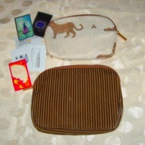 2 Cosmetic Bags Cheetah and Stripes + Avon Samples Fragrance & ANEW